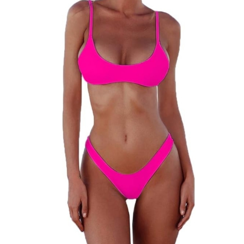 New SherryDC Solid Scoop Neck Push Up Padding Brazilian Thong Bikini Swimsuit